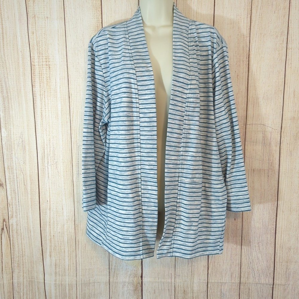 T By TALBOTS  Green and Ivory Stripe Pockets Open Front Cardigan Xl